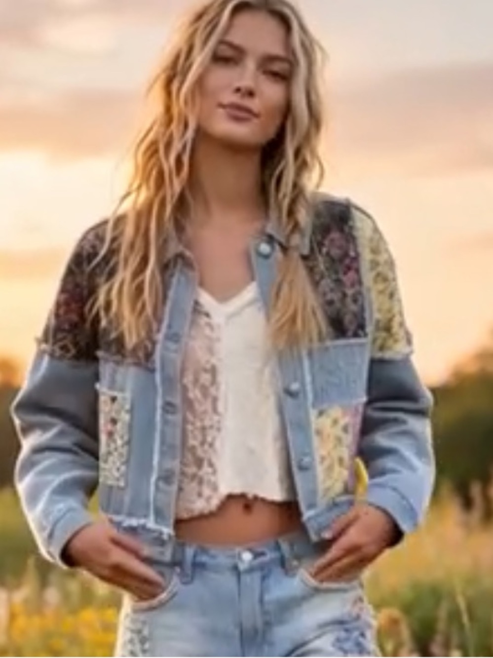 POL / Denim Boho Patchwork Denim Jacket With Stitching Detail New Boutique